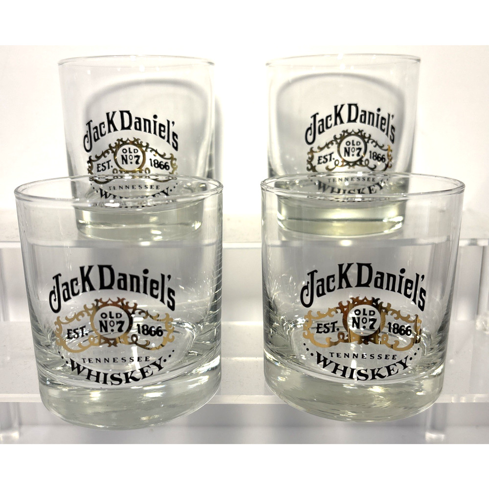Jack Daniels Old No 7 Black Gold Low Ball Rocks Whiskey Glass Barware Set of 4
